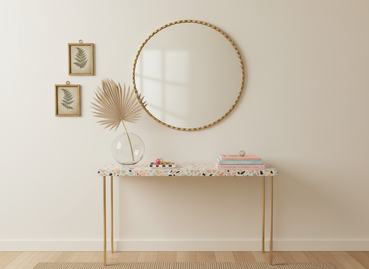 A playful yet chic entryway styled for small-space living, featuring a narrow terrazzo-topped console table with pastel flecks of peach, mint, and charcoal, supported by slender brass legs. On top, a joyful mix of decor: a bubble-shaped glass vase with a single oversized dried palm frond, a stack of quirky design books, and a checkerboard ceramic tray holding keys. Above the console, an oversized round mirror with a scalloped edge reflects soft, diffused daylight. The wall is painted in a creamy off-white, with a pair of tiny framed vintage botanical prints hanging asymmetrically. Photographic realism, captured front-on with balanced composition and clear detail, evoking a mood that is welcoming, stylish, and a touch whimsically kitsch.