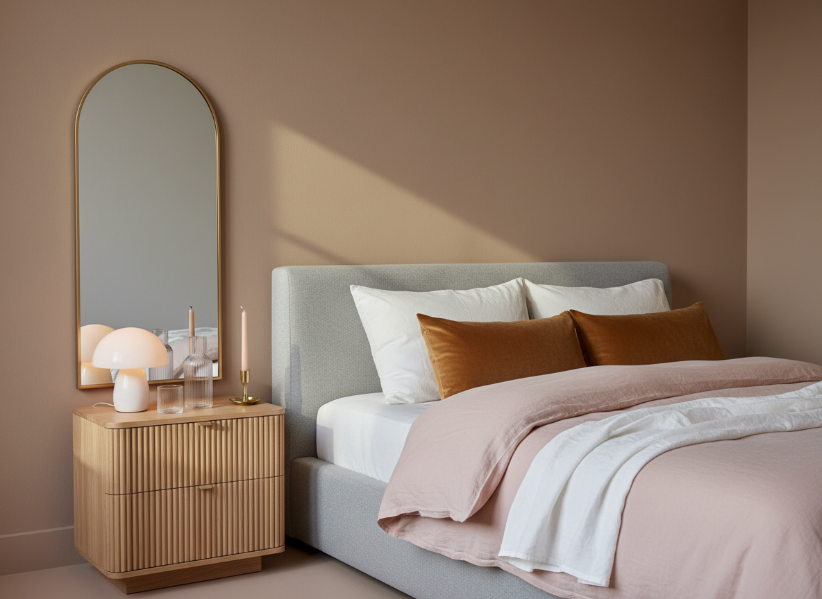 A serene bedroom vignette focusing on a low-profile upholstered bed in a soft dove-gray linen, topped with layered bedding: crinkled white cotton sheets, a blush duvet, and a caramel velvet lumbar pillow. Beside the bed, a fluted wood nightstand in light oak holds a tiny mushroom-shaped ceramic lamp, a ribbed glass carafe with matching cup, and a single taper candle in a brass holder. The wall behind is painted in a warm, muted clay tone, with a simple arched mirror reflecting soft afternoon light. Photographic realism, shot at a slightly angled perspective with a gentle, cozy glow and subtle shadows, capturing an atmosphere of elevated calm with playful, charming details.