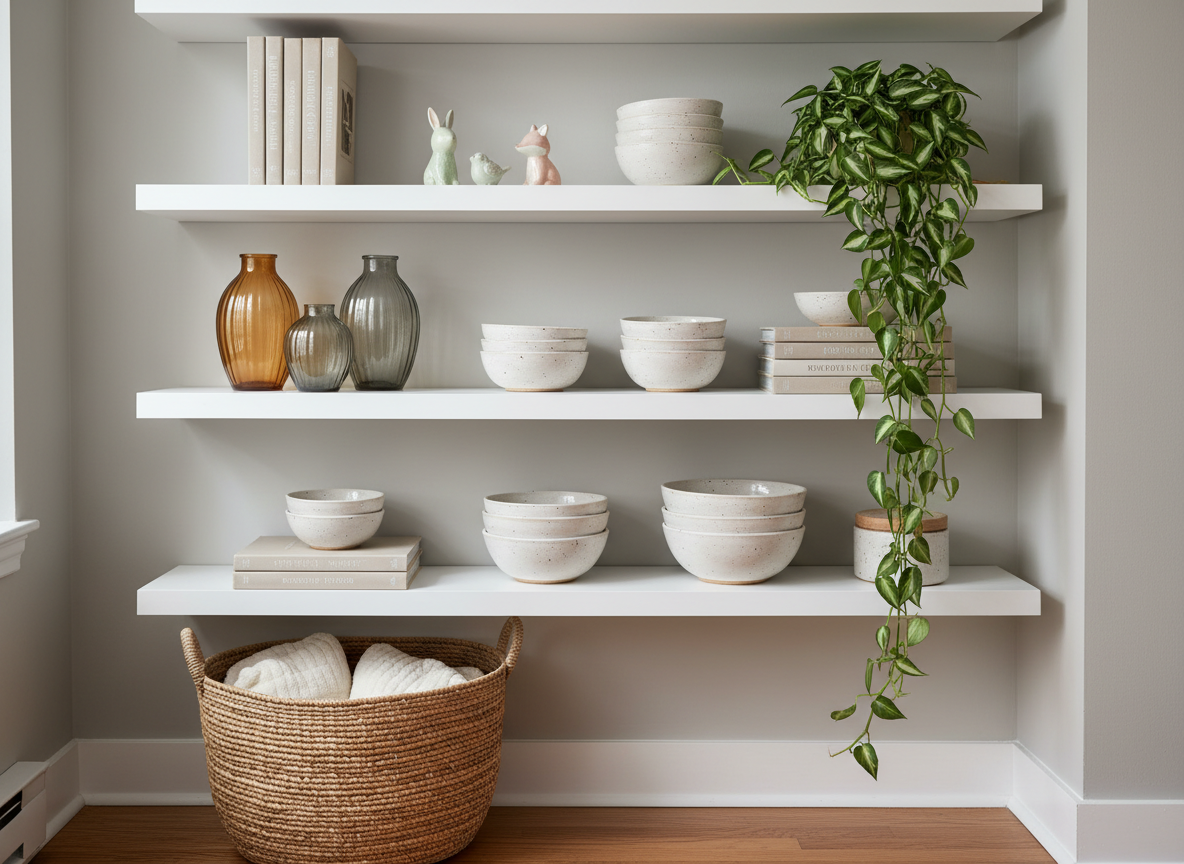 A carefully styled open shelving unit in a small apartment, featuring matte white floating shelves against a pale greige wall. The shelves display a curated mix of decor: tiny pastel ceramic animal figurines, stacked speckled stoneware bowls, ribbed glass vases in amber and smoke, and a few well-thumbed interior design books. A trailing pothos plant drapes from the top shelf, its leaves catching the soft diffused daylight from an unseen window. Below, a woven seagrass basket sits on a honey-toned wood floor. Photographic realism with a slightly elevated angle and sharp focus throughout, capturing a mood that blends cute and kitsch with clean, modern styling, perfect for home decor inspiration.