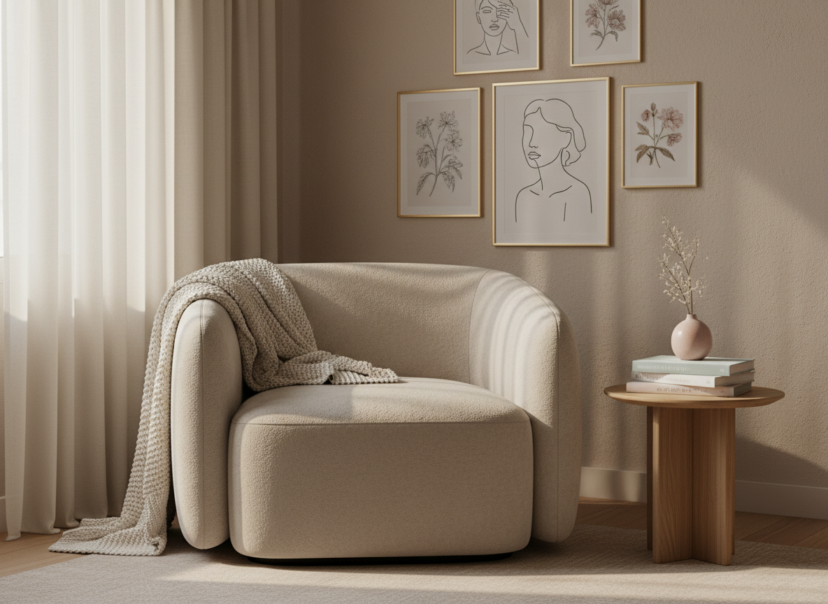 A warmly lit living room corner styled as the perfect cozy nook, featuring an overstuffed oatmeal-colored boucle armchair with soft, rounded edges and a chunky knit throw draped casually over one side. A small, light oak side table holds a stack of pastel-spined decor books and a single ceramic bud vase in blush pink. Behind, a gallery wall of minimalist line art and vintage floral prints hangs over a soft beige plastered wall. Golden hour sunlight filters through sheer ivory curtains, casting dappled light and gentle shadows. Photographic realism, shot at eye level with a shallow depth of field, creating an inviting, serene atmosphere that feels both cute and elegantly elevated.