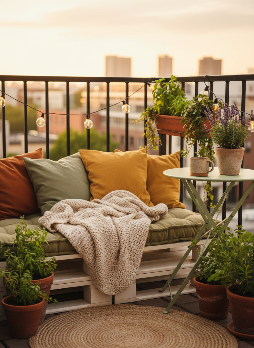 A compact balcony transformed into an outdoor sanctuary, featuring a low, white-painted pallet platform styled with layered cushions in terracotta, mustard, and sage, plus a chunky cream knit blanket. A small round bistro table with a pale mint metal top holds a speckled ceramic mug and a tiny potted lavender plant. String lights are draped along the railing, softly glowing even in late golden hour light. Terracotta pots of herbs and trailing ivy line the edge of the balcony, and a jute rug anchors the space. Photographic realism from a slightly elevated angle, with warm, cozy lighting and a relaxed, inviting mood perfect for home decor inspiration in small spaces.