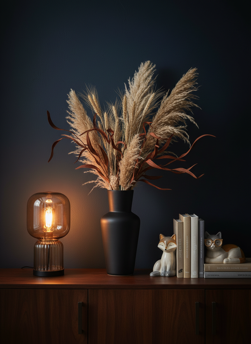 A moody, elegantly styled home decor vignette on a dark walnut sideboard set against a deep midnight blue wall. Centered is a tall, matte black ceramic vase holding an asymmetrical arrangement of dried grasses and deep rust-colored branches. To the left, a vintage-inspired ribbed glass lamp with a warm amber bulb casts a soft, glowing halo of light, illuminating the textured wall. To the right, a small collection of quirky, kitschy ceramic animal bookends holds a row of neutral-toned design books. Photographic realism, shot at eye level with a slightly off-center composition, creating dramatic contrast between light and shadow and a sophisticated yet playful atmosphere.